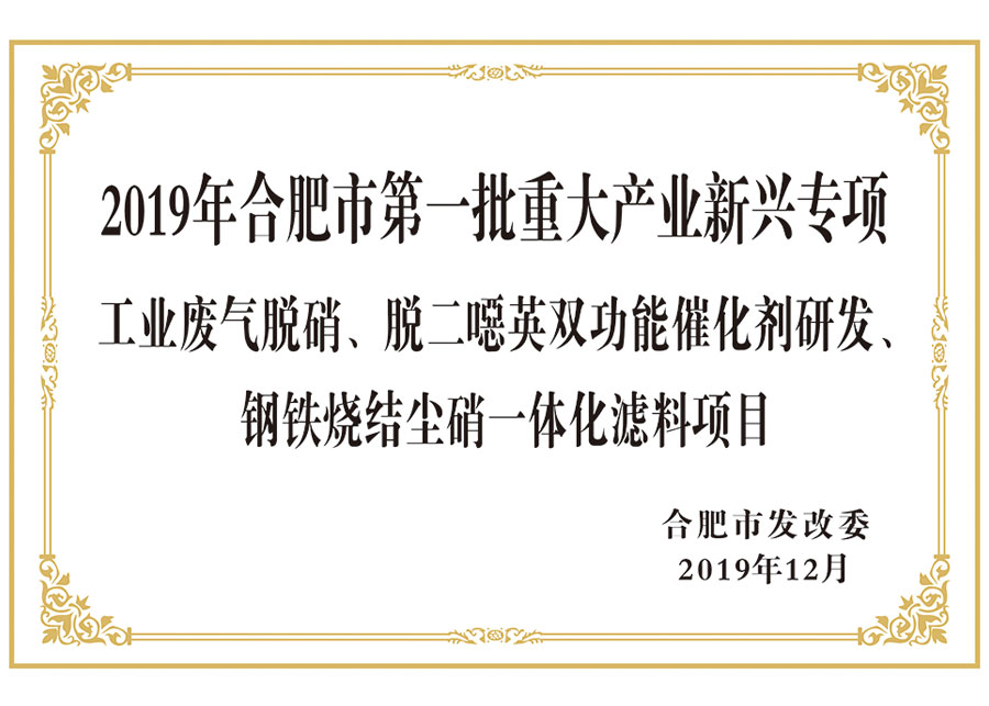 2019年合肥市第- -批重大产业新兴专项 工业废气脱硝、脱二嗯英双功能催化剂研发、 钢铁烧结尘硝一体化滤料项目